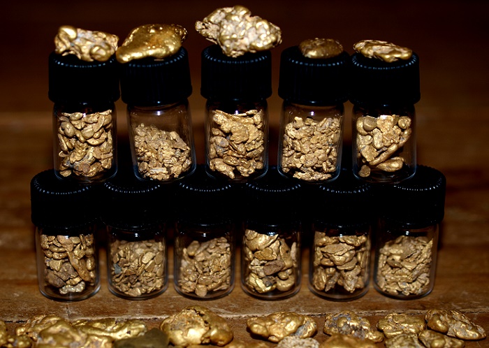 A nice collection of gold nuggets found with metal detectors. Most of the smaller nuggets in the glass vials were found with a Fisher Gold Bug 2. Their accumulated weight is several ounces valued at many thousands of dollars. 